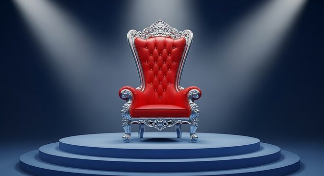 Luxurious red throne chair on blue pedestal with silver accents and spotlights