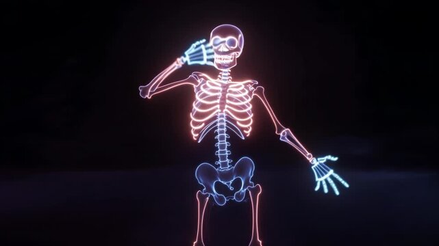 Neon skeleton dancing glowing bone figure in blue pink light on dark background, vivid cyberpunk digital art animation for fun spooky Halloween