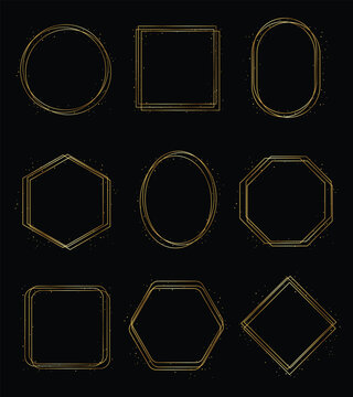 Elegant gold geometric frames set with thin luxury lines and subtle glitter accents. Collection includes circle, square, oval, hexagon and octagon shapes in modern minimal style. Clean decorative bord