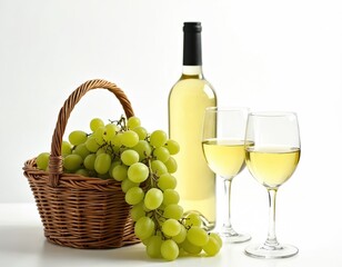 Naklejka premium White wine sits ready with fresh green grapes in a basket. Two glasses are filled with the crisp beverage. A refreshing drink for any occasion or meal.