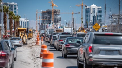 Obraz premium Busy urban traffic on road under construction with cranes and buildings in background showcasing a developing metropolitan area in bright sunlight