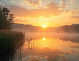 Fototapeta premium Sunrise over calm lake with mist rising from water. Tall reeds line shore reflecting orange and yellow sky. Forest silhouettes on horizon. Peaceful morning scene.