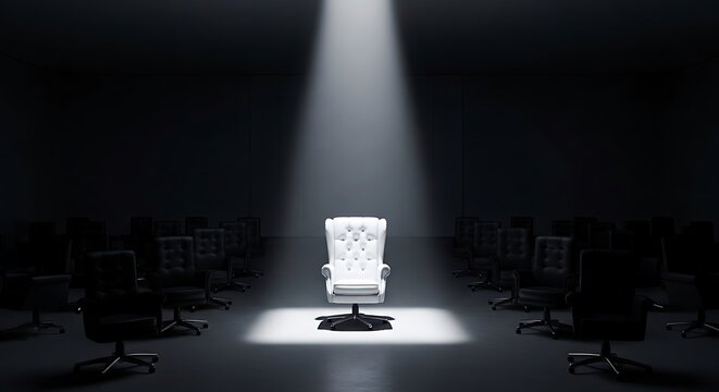 A single white chair illuminated by a spotlight in a dark room with many black chairs