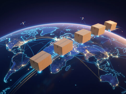 Global shipping network with cargo boxes moving across the Earth