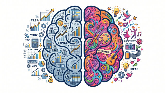 Brain split into analytical and creative hemispheres with icons.