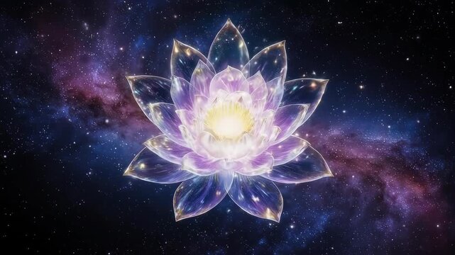 Glowing purple lotus flower in space with stars