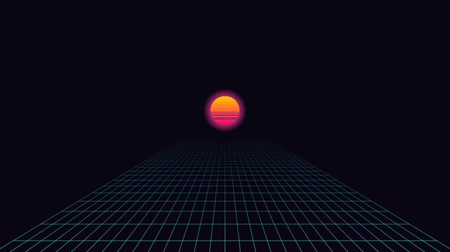 Retro 80s Synthwave Neon Grid And Sun Cyberpunk Seamless Looping Background