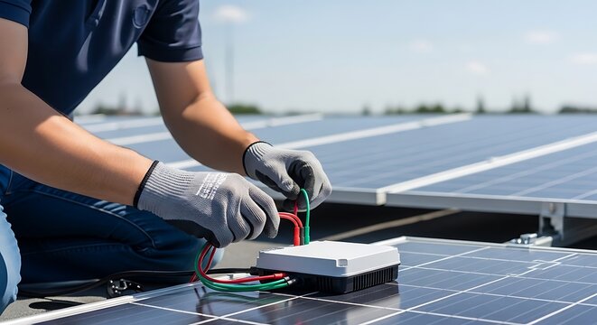 Technician installing solar panel with wires and gloves on