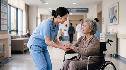 Obraz premium Empathetic Care: A healthcare professional offering compassionate support to a senior patient in a hospital setting, illustrating the essence of care.