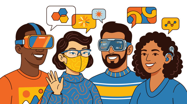 Diverse group of people wearing virtual reality headsets and goggles exploring digital worlds and communication