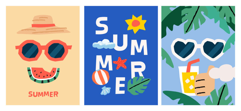 Summer mini card set with cute sun and lemonade Naive collage style vector