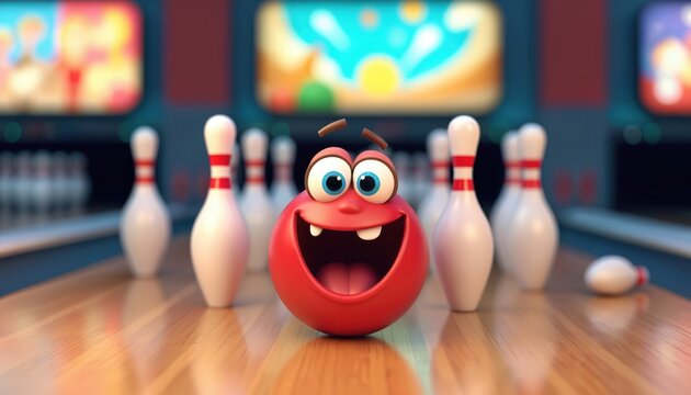 Happy cartoon red bowling ball with big eyes and wide grin sits on wooden lane. Pins stand ready for game in amusement center. Colorful screens show game play.