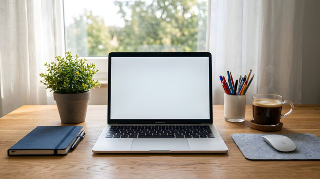 Laptop on a wooden desk with office supplies and a plant by the window