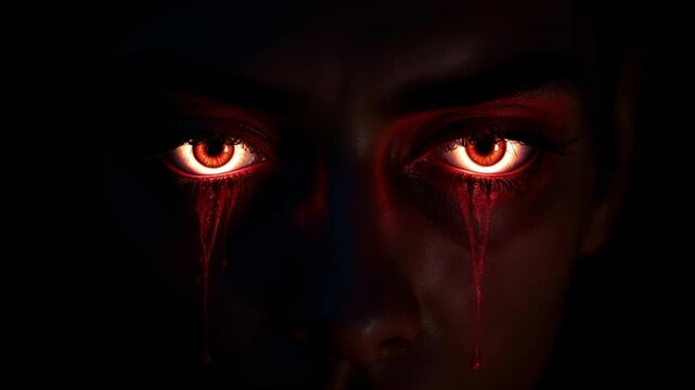 Horror Eye Dark Glowing Red Pupil and Iris With Blood Tear on Scary Face Creepy Stare Intense Fear Nightmare Vision Terror Gaze Spooky Mood