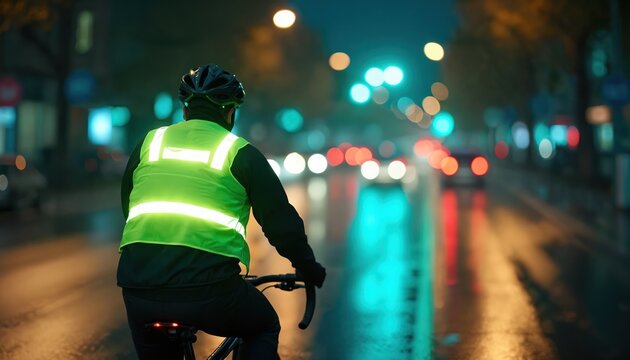 Person rides bike in wet city street at night. Cyclist wears bright reflective vest for visibility. Car lights blur creating bokeh effect on road surface.