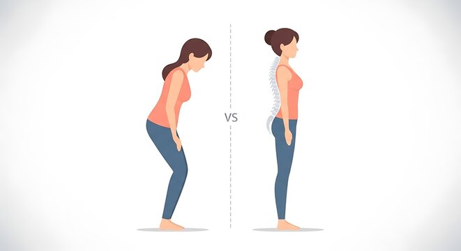 Slim Woman Slouching Vs Upright Posture with Spine Illustration