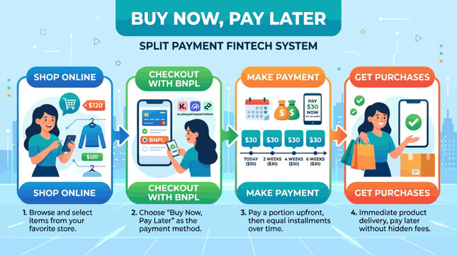 A colorful infographic showing a step by step process for a buy now pay later fintech mobile payment system design