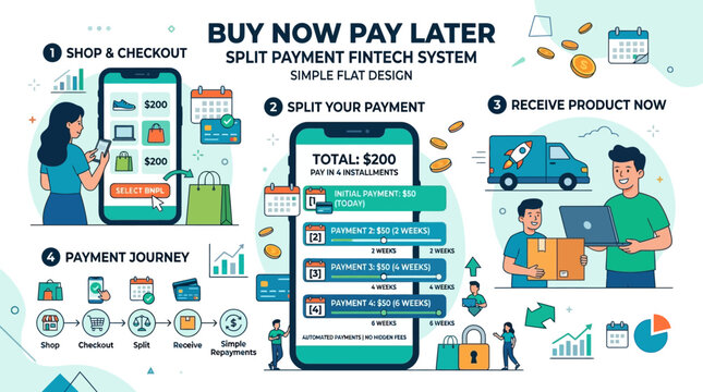 Infographic showing the buy now pay later fintech process with mobile app steps for split payments and online shopping delivery