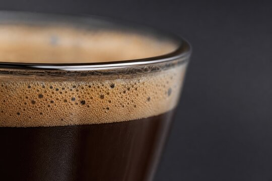 Close-up of freshly poured creamy latte art coffee with rich caramel swirls and microfoam bubbles, golden-brown liquid in transparent glass mug against dark background, cozy caf&eacute; ambiance, barista
