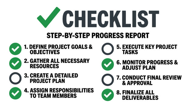 A professional business checklist graphic featuring eight numbered project management steps with green checkmarks and empty circles for tracking progress