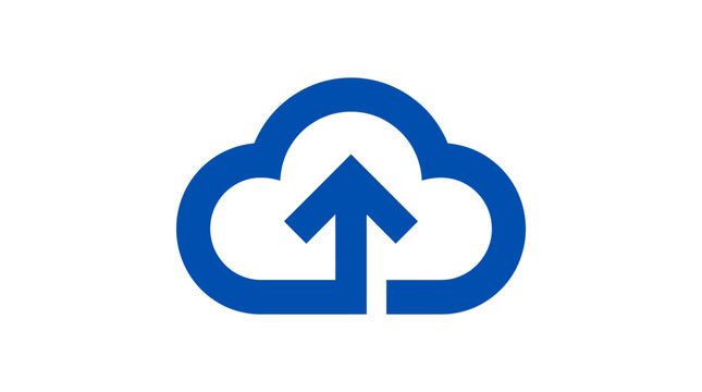 A bold blue cloud icon featuring an upward pointing arrow representing digital data storage and internet server upload technology concepts
