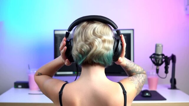 Woman with short, styled hair and tattoos adjusts headphones while facing a computer screen. She sits at a desk with dual monitors, a microphone, and glowing pink drinks. The scene glows with blue
