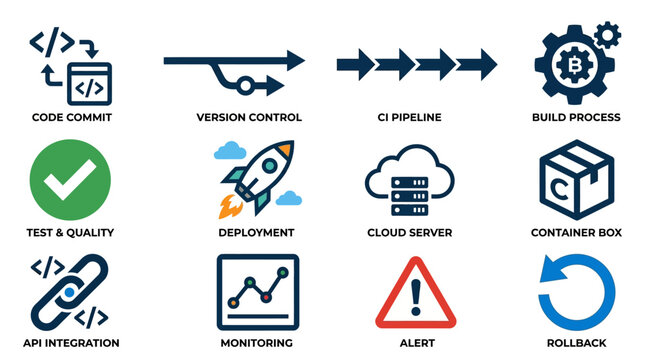 A collection of professional software development icons depicting essential devops processes including code commit, deployment, cloud server, and system monitoring