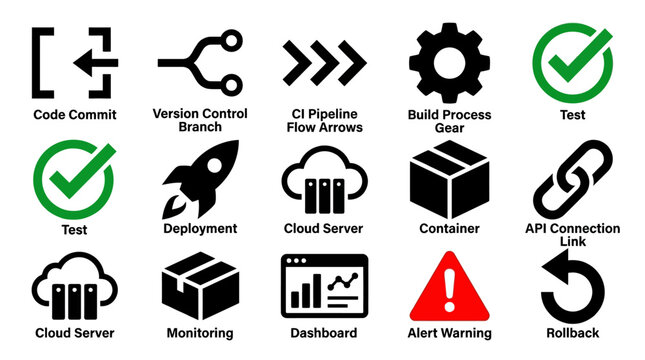 A comprehensive collection of fifteen essential software development and devops icons representing various stages of the modern automated deployment lifecycle.