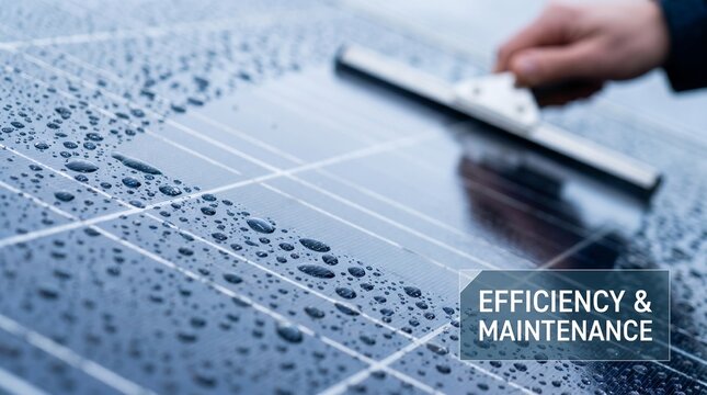Close up of solar panel glass with water droplets and hand cleaning with squeegee for efficiency and maintenance