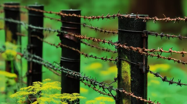 Wildflowers and lush greenery overgrowing military guard posts and barbed wire in the Korean Demilitarized Zone symbolizing peace and hope.