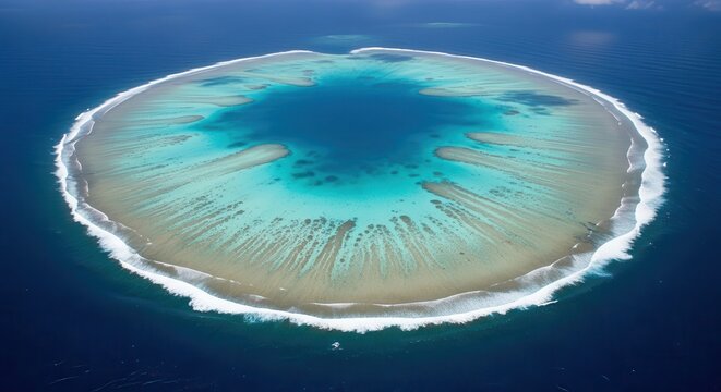 Spectacular aerial drone view of a perfectly circular coral reef atoll