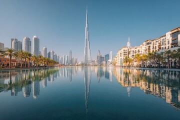 Fototapeta premium Stunning Dubai cityscape, water reflection, high-rise buildings, clear day