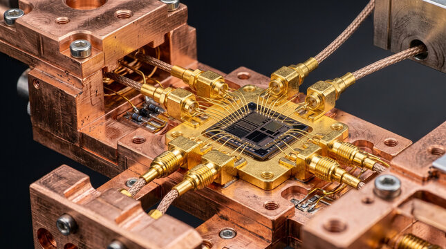 Close up macro of advanced quantum computer processor chip with gold and copper connections