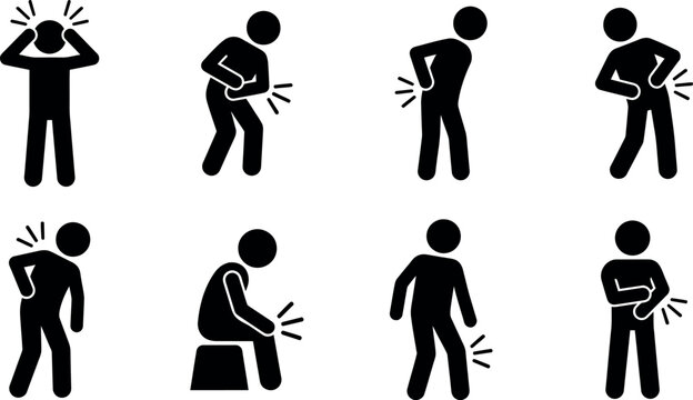 Human body pain icons set black silhouette illustrations of aches and discomfort