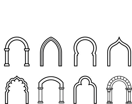 Architectural arch collection diverse styles in black and white line art