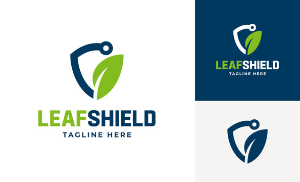 Minimalist leaf shield logo design, Future innovation technology protect design logo concept