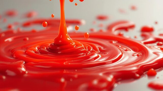 Red sauce splash drip liquid closeup macro food glossy texture smooth motion swirl vibrant color abstract pattern dripping sauce red liquid