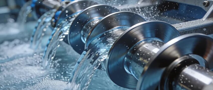 Green Energy Innovation industrial metal screw conveyor with flowing water and spray, polished steel machinery in close up, abstract macro blue metal texture and motion in manufacturing process