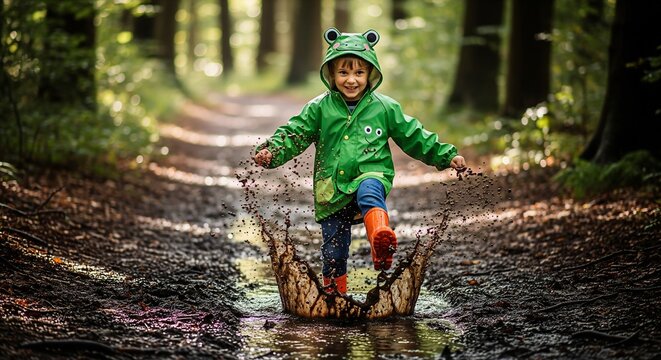 Child in frog jacket jumps in muddy puddle in forest