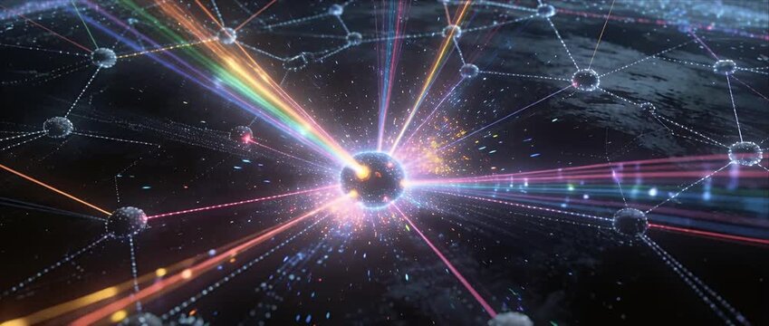 Green Energy Innovation Network Sphere Light Beam Abstract Space Digital Connection Global Data Particle Burst Neon Line Dark Background Futuristic Design Glowing Point Digital Network Abstract