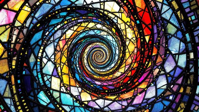Spiral pattern vibrant color stained glass abstract art geometric shape mosaic texture glowing light kaleidoscope design fractal background vivid