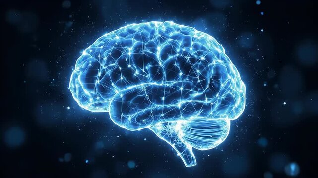 Glowing blue brain with particles on dark background