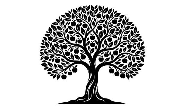 Elegant apple tree silhouette with fruit and lush foliage in minimal black vector style