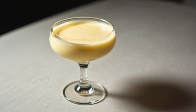 Creamy yellow zabaglione dessert in elegant coupe glass. Rich custard mixture served in restaurant. Sweet delicacy prepared with egg yolks marsala wine sugar.