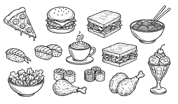 Black and white hand drawn food doodle collection vector with assorted meals and snacks isolated on white
