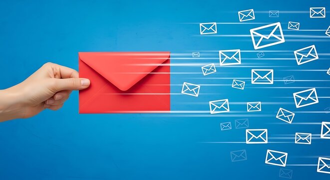 Hand holding red envelope with white envelopes flying out on blue background