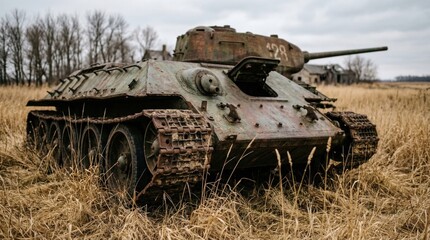 Fototapeta premium Forgotten Relic Abandoned Tank in Grassy Field