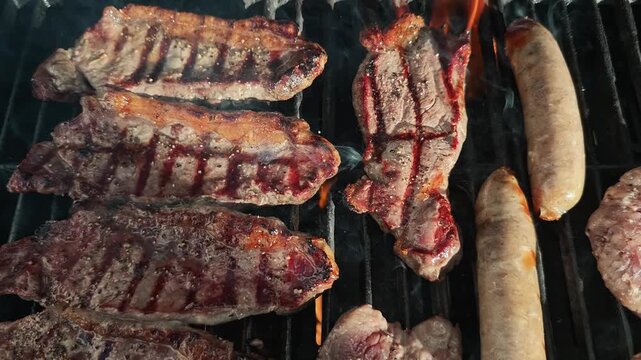 Top view grilling sirloin steaks seasoned with salt and pepper on hot barbecue, sizzling meat searing over flame, juicy texture and smoke, outdoor cooking scene, culinary process, horizontal overhead
