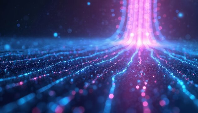 Digital data stream flows upwards in abstract network. Glowing blue and pink particles form abstract lines and waves. Futuristic technology background with bokeh effect.