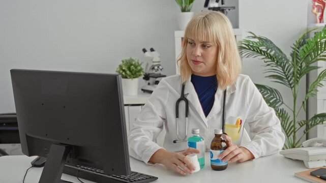 Woman doctor holds medicine bottle at desk by computer in office building; professional care concern.